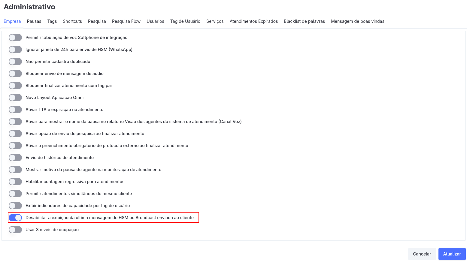 :class=sombracaixa Configuração - Exibição da Última Mensagem de HSM