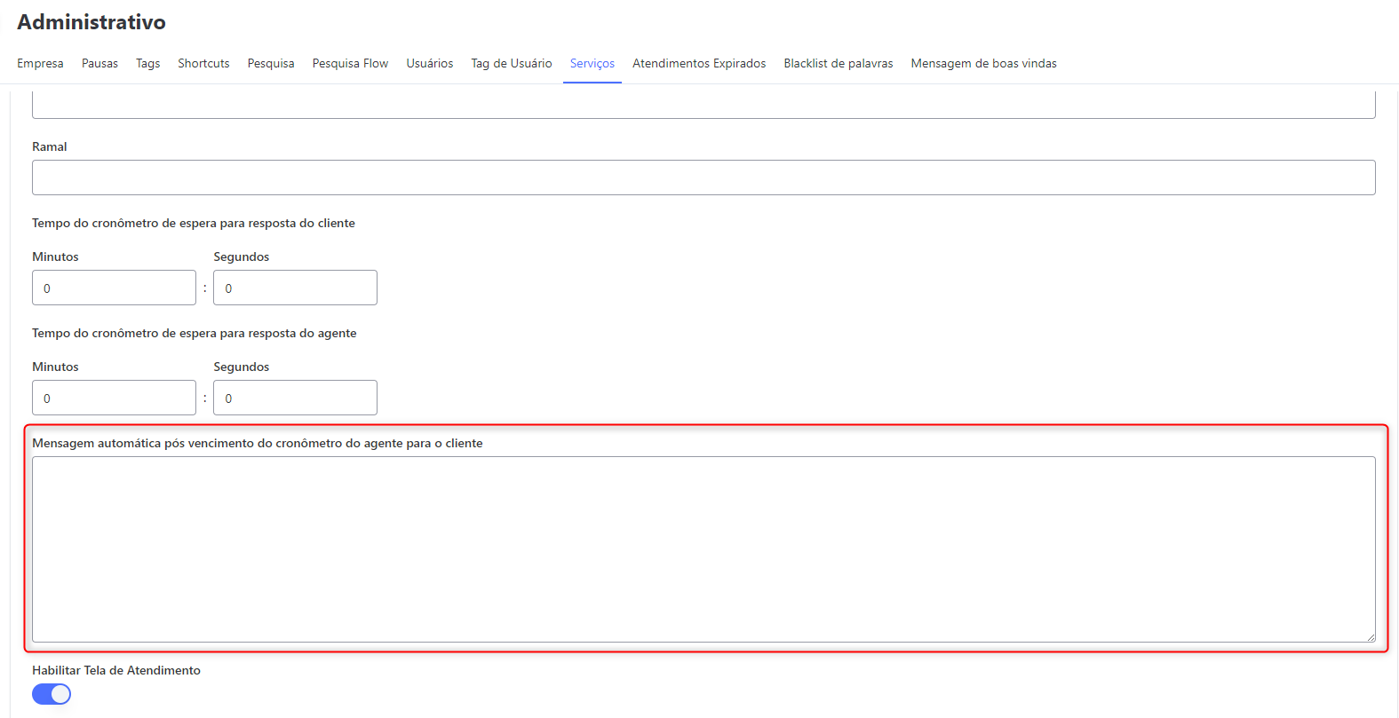 Configuração da mensagem automática pós vencimento do cronômetro
