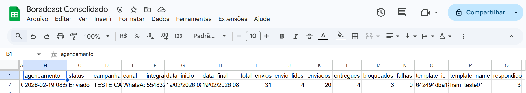 Exemplo de registros Relatório de Broadcast Consolidado