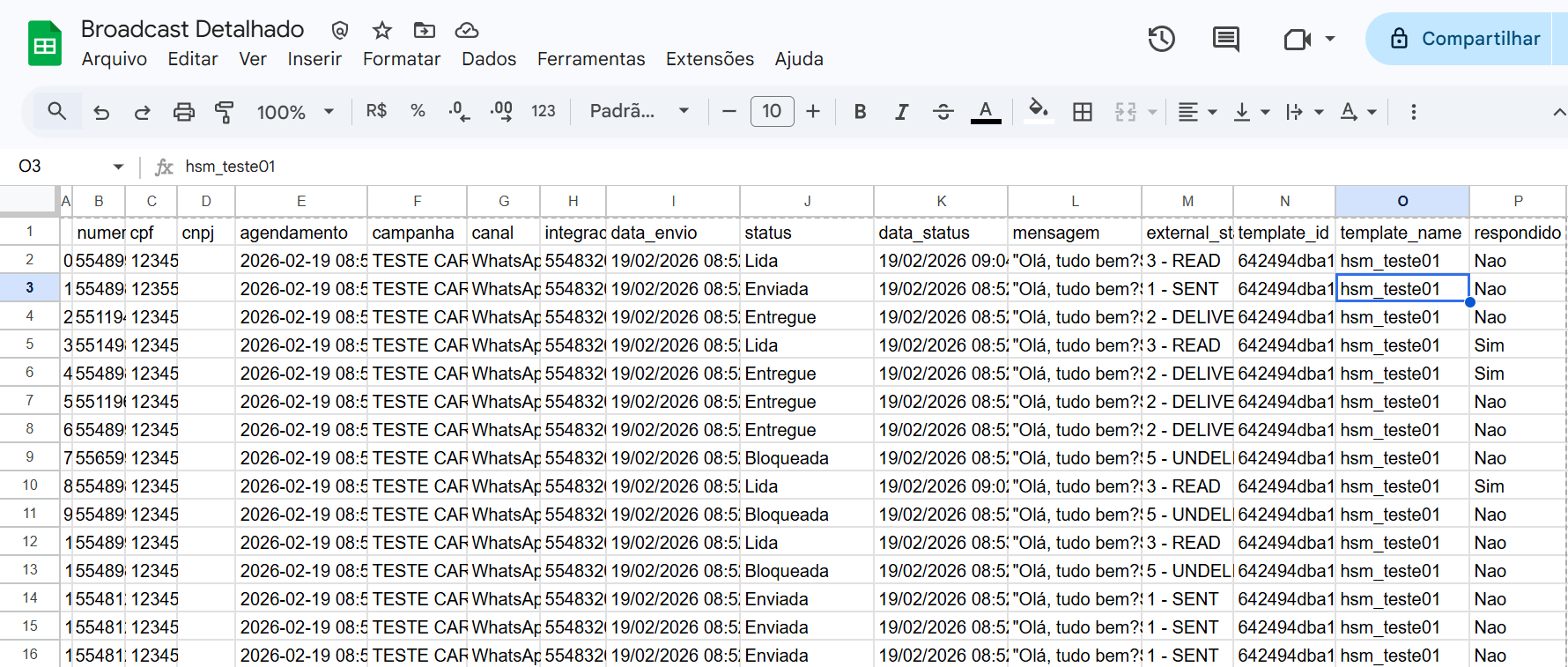 Exemplo de registros relatório de broadcast detalhado