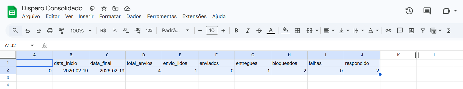 Exemplo de registros Relatório de Disparo HSM Consolidado