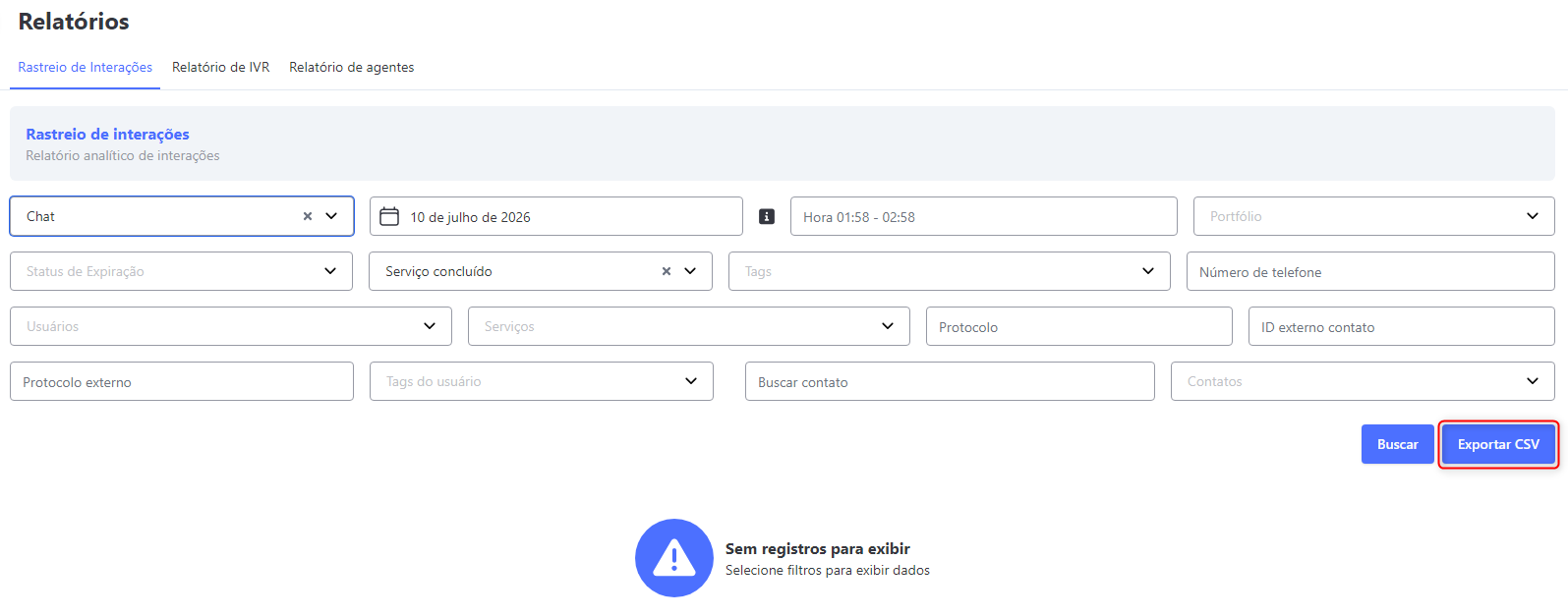 :class=sombracaixa Rastreio de Interações Exportar CSV