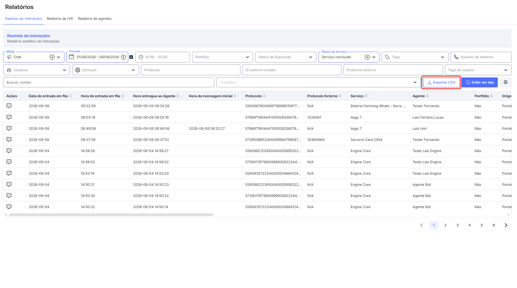 Rastreio de Interações Exportar CSV