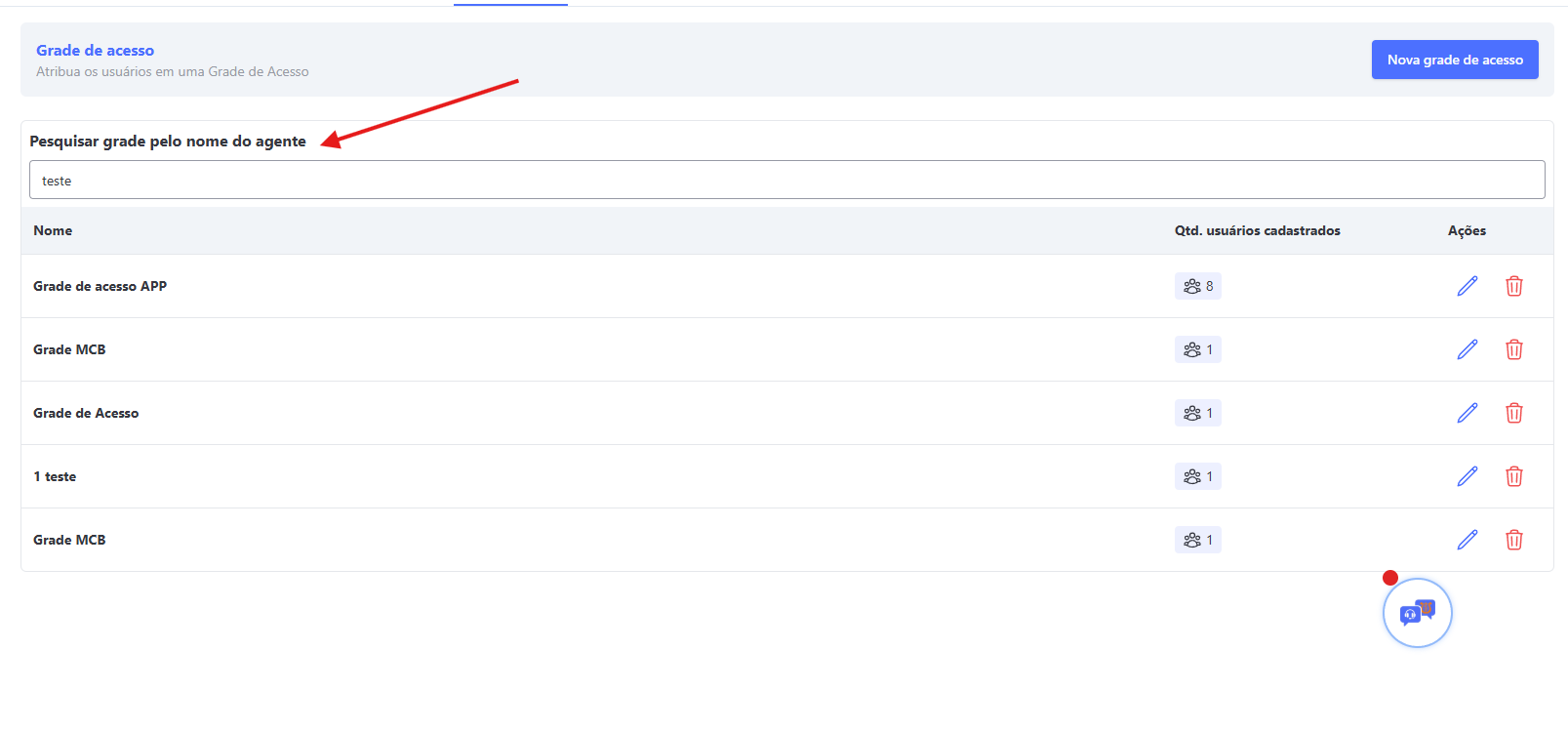 :class=sombracaixa Filtro de usuários Grade de Acesso