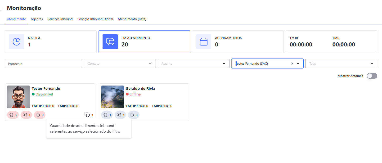Monitoração Atendimento com Visualização em em Card com filtro de Serviços