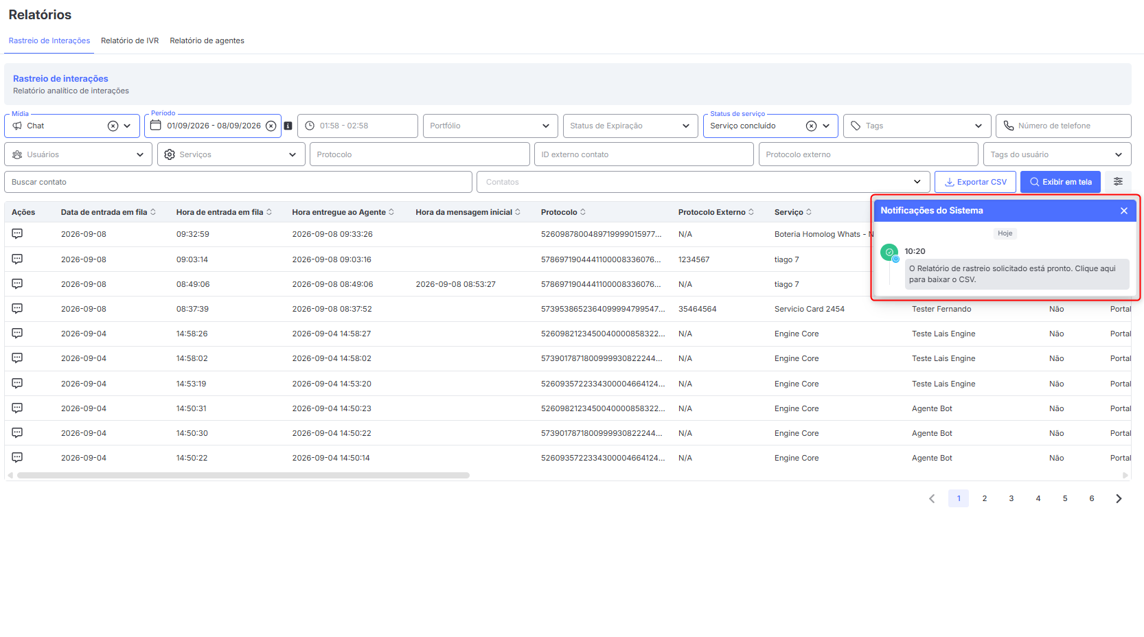 Rastreio de Interações Download CSV