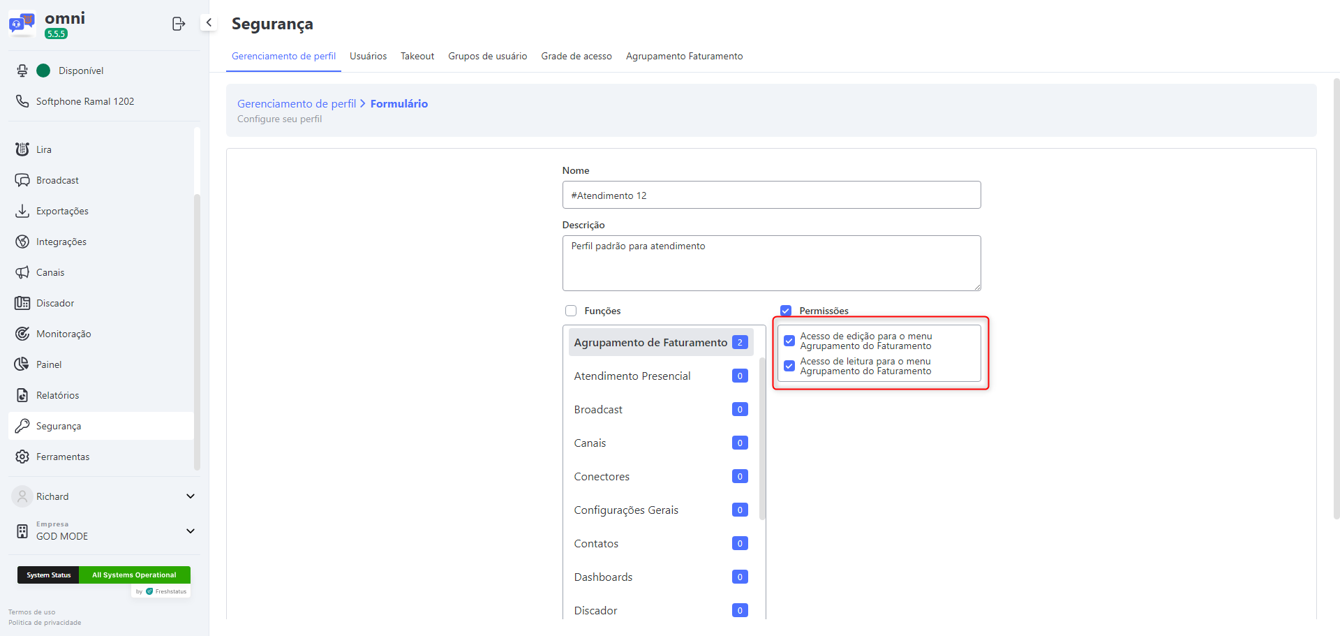 :class=sombracaixa Permissões para a tela de agrupamento faturamento