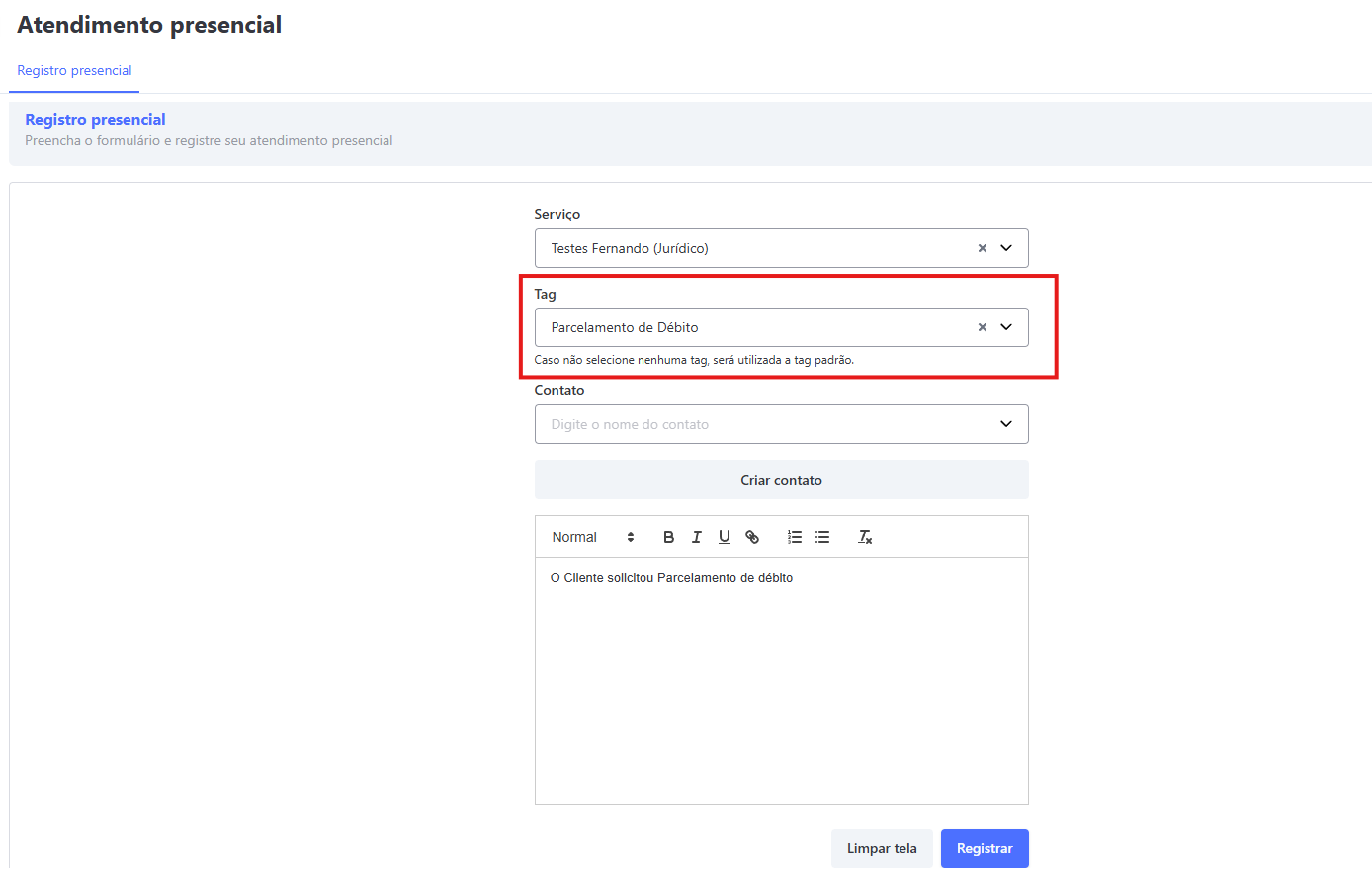 :class=sombracaixa Tela de Atendimento Presencial com tag de finalização