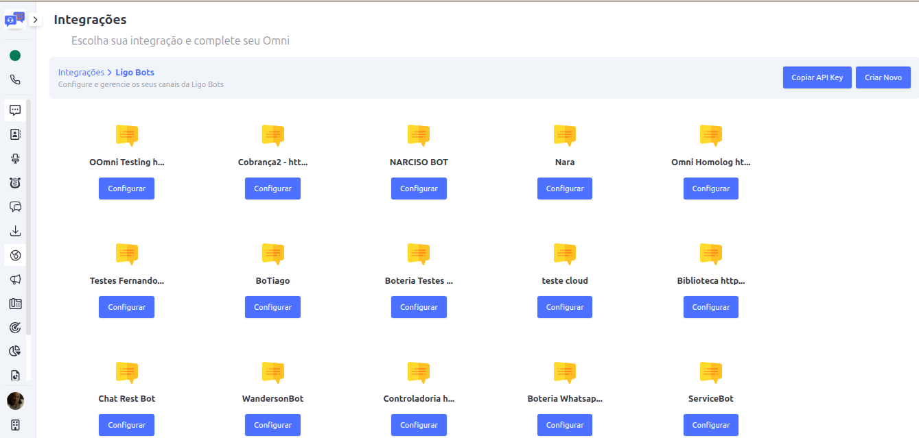 Exemplo da tela geral de integrações boteria