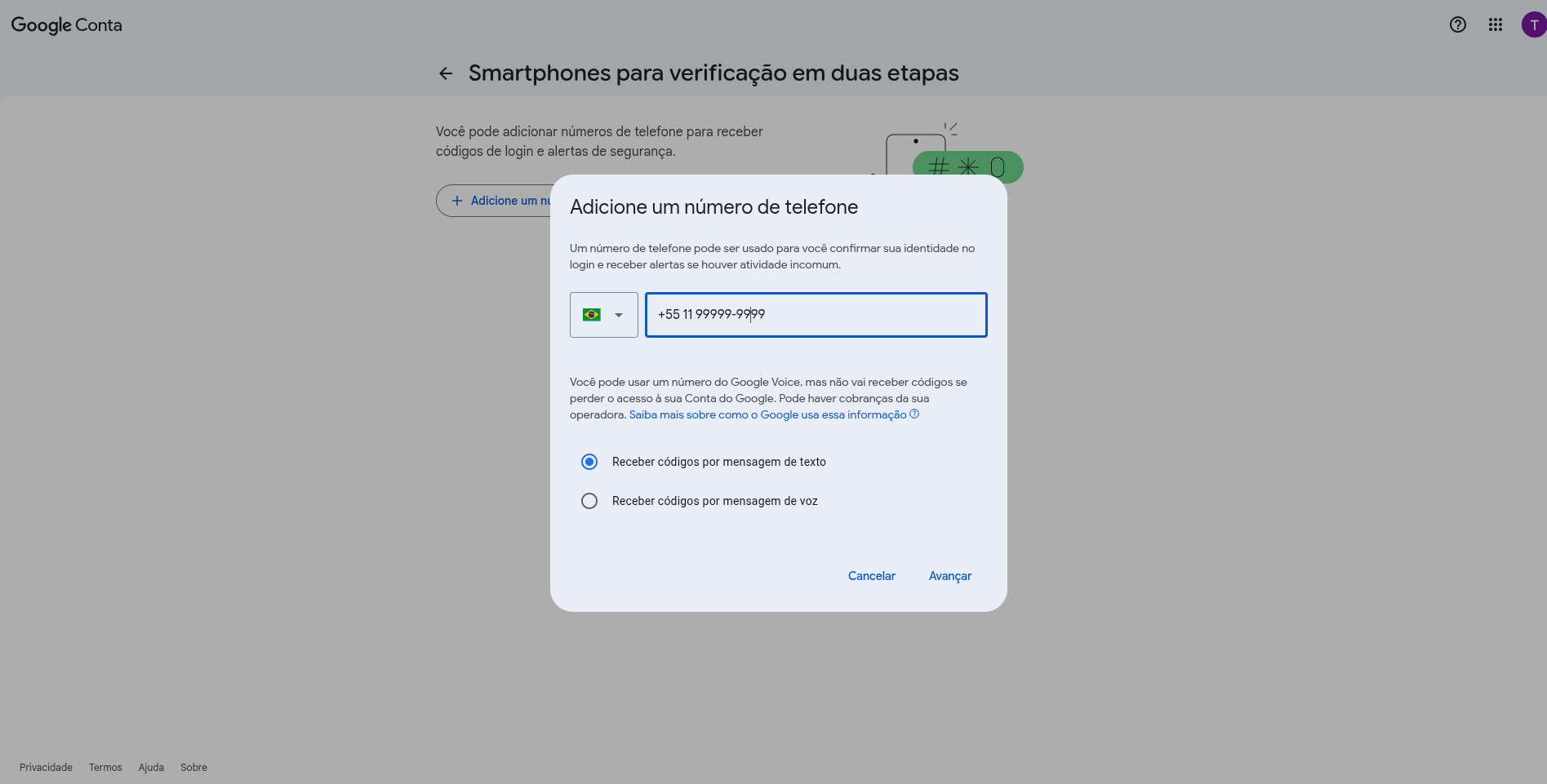 :class=sombracaixa Adicionar Número de Telefone Google