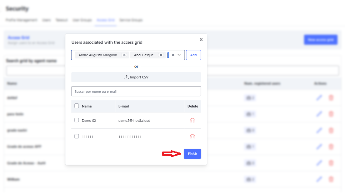 Adicionando usuários na Grade de Acesso
