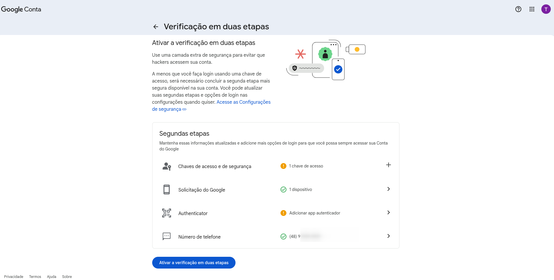 :class=sombracaixa Ativar Verificação em Duas Etapas Central