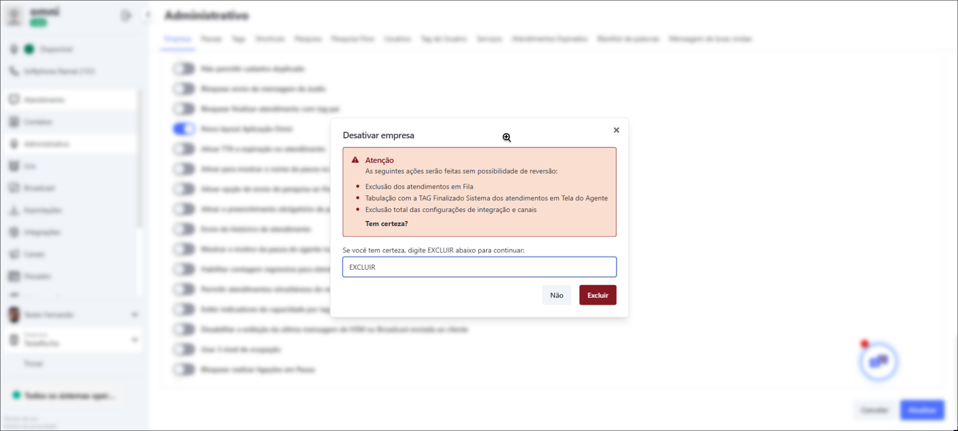 Modal de Confirmação de Desativação de Empresa