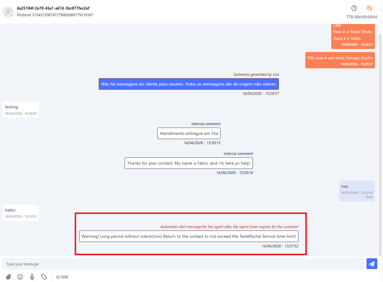 Visualização das mensagens automáticas no chat