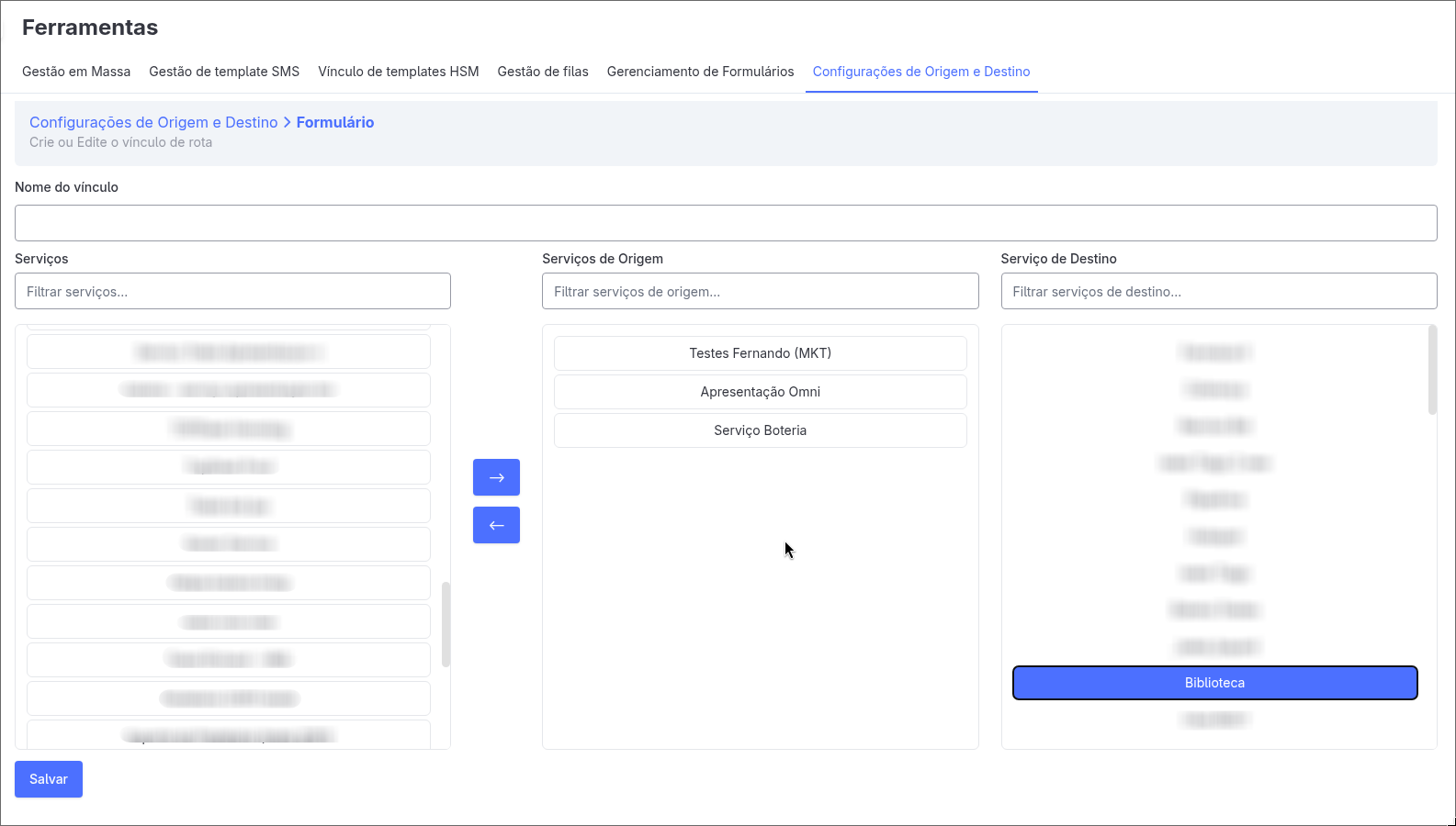 Configuração de Vínculos de Origem e Destino para Transferência