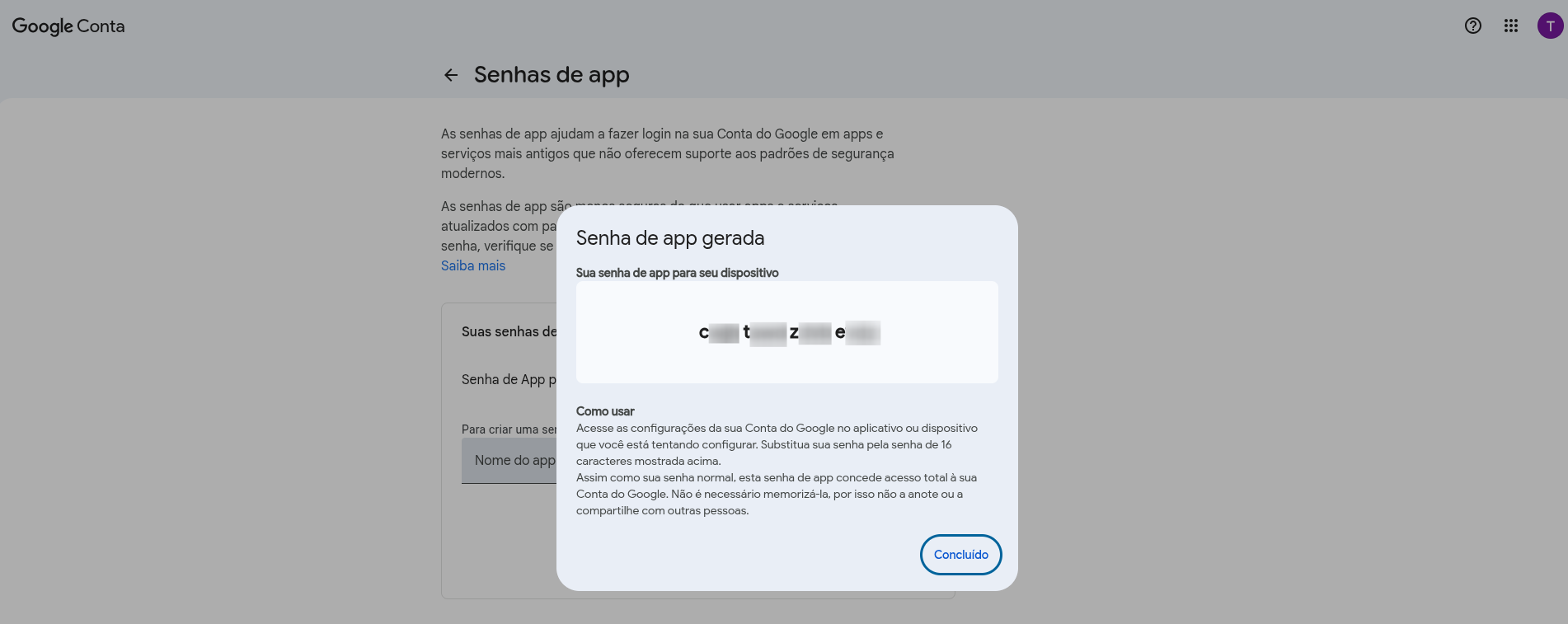 :class=sombracaixa Janela de Senha de App Gerada
